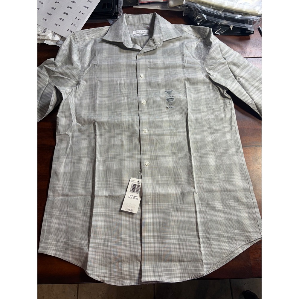 Calvin Klein Steel+ Mens Dress Shirt 14.5 32/33 Regular Fit Olive Multi Plaid